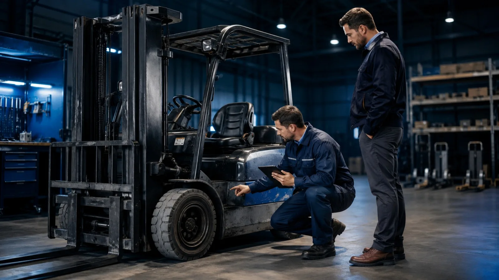 Técnico avaliando código de falha em empilhadeira