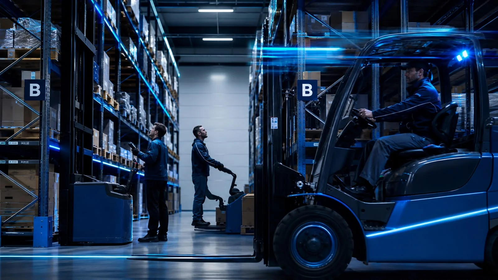 Galpão logístico com empilhadeiras E-Tech em operação
