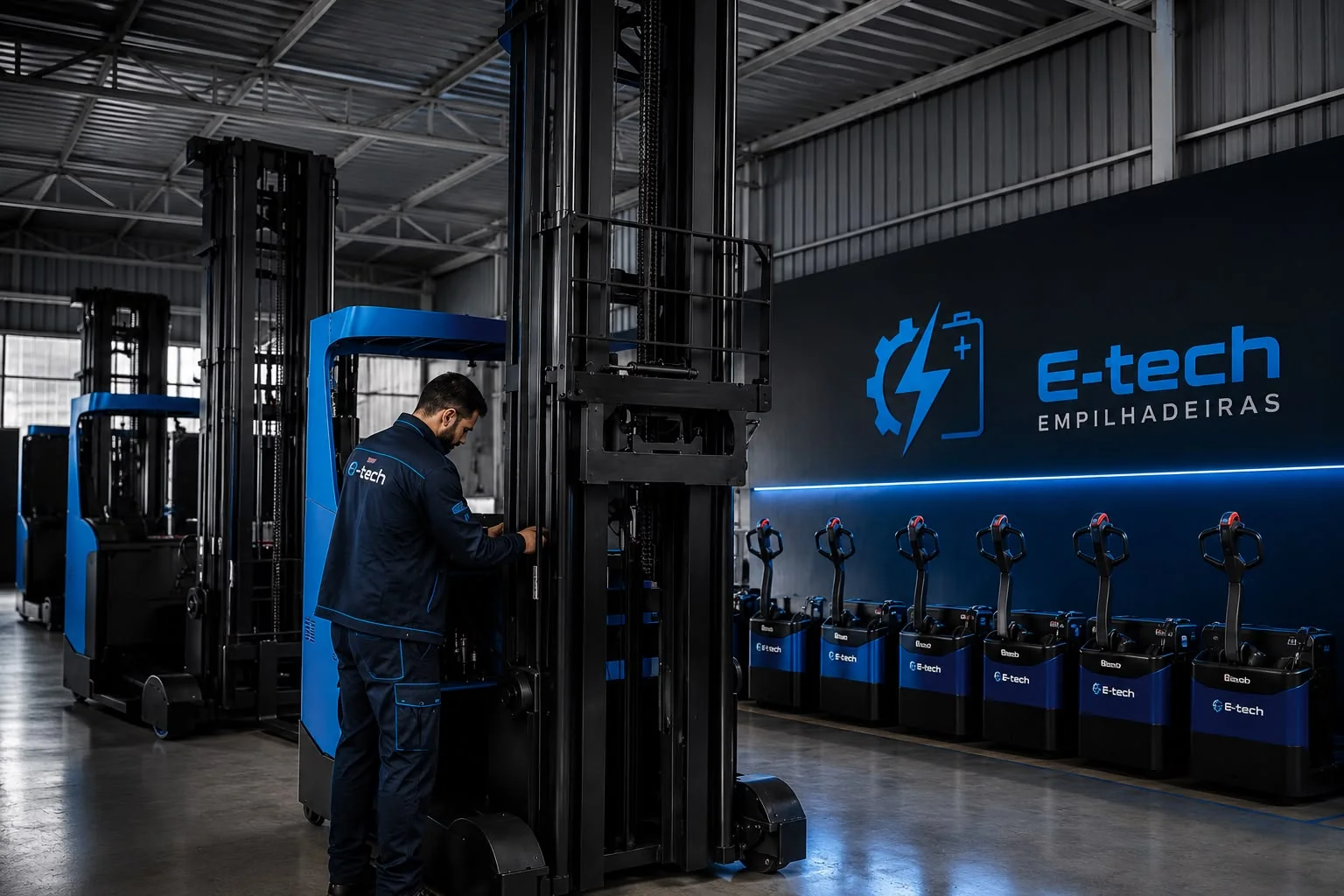 Técnico da E-Tech em manutenção de empilhadeira retrátil