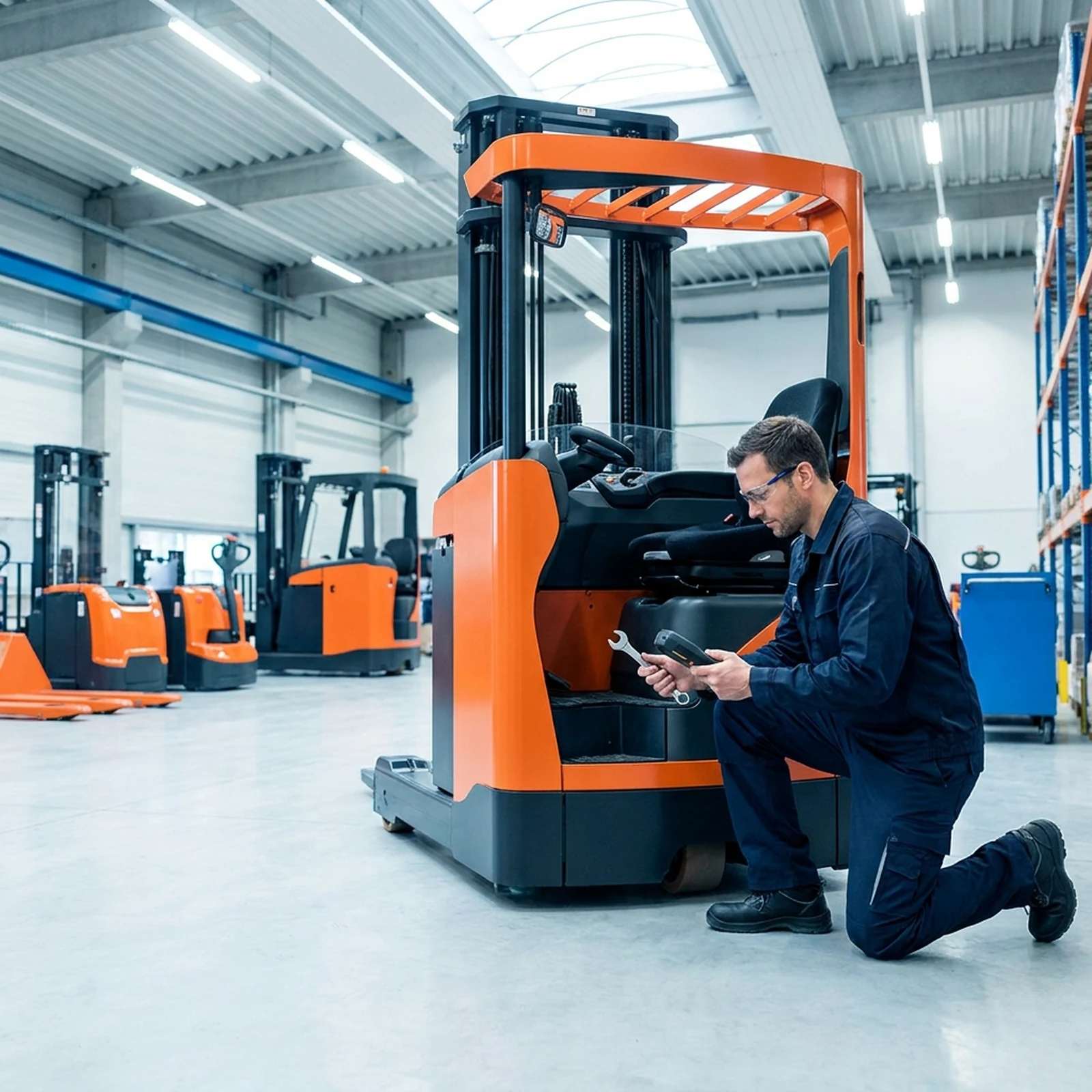 Técnico da E-Tech em manutenção de empilhadeira retrátil